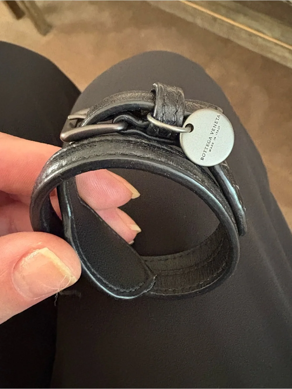 Bottega Veneta Black Leather Intreciatto Double-Wrap Bracelet with Round Tag XS